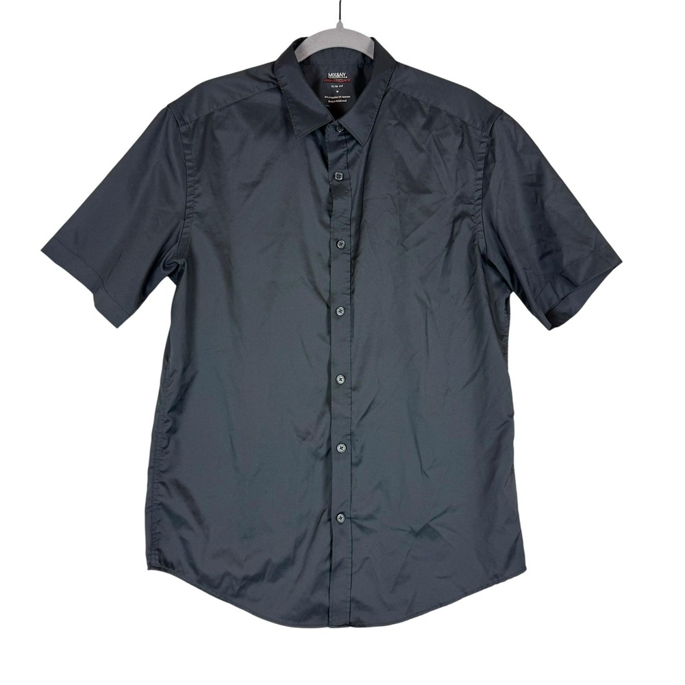 MIX&NY Dress Shirt Mens Medium Gray Slim Fit Short Sleeve Button Front Stretch